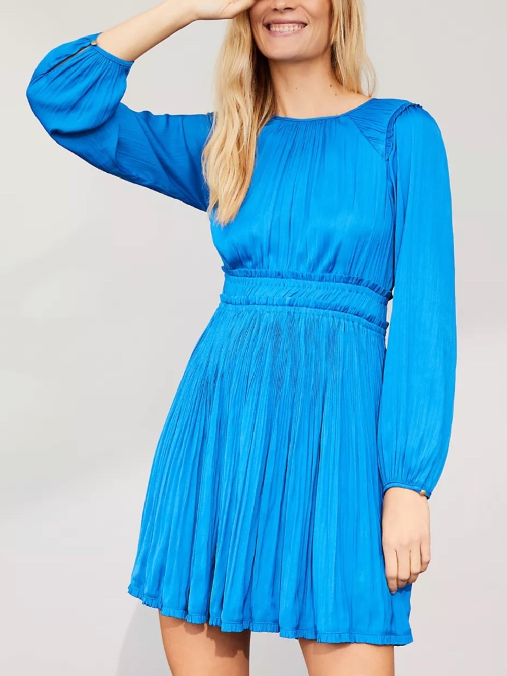 Anthropologie Maeve Saniya Mini Dress Silky Blue Pleated Scoop Neck Long Sleeve
